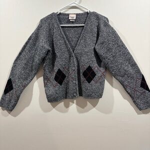 Vintage Argyle Cardigan Sweater Small Gray Black Red 90s Grandpa Style Made USA